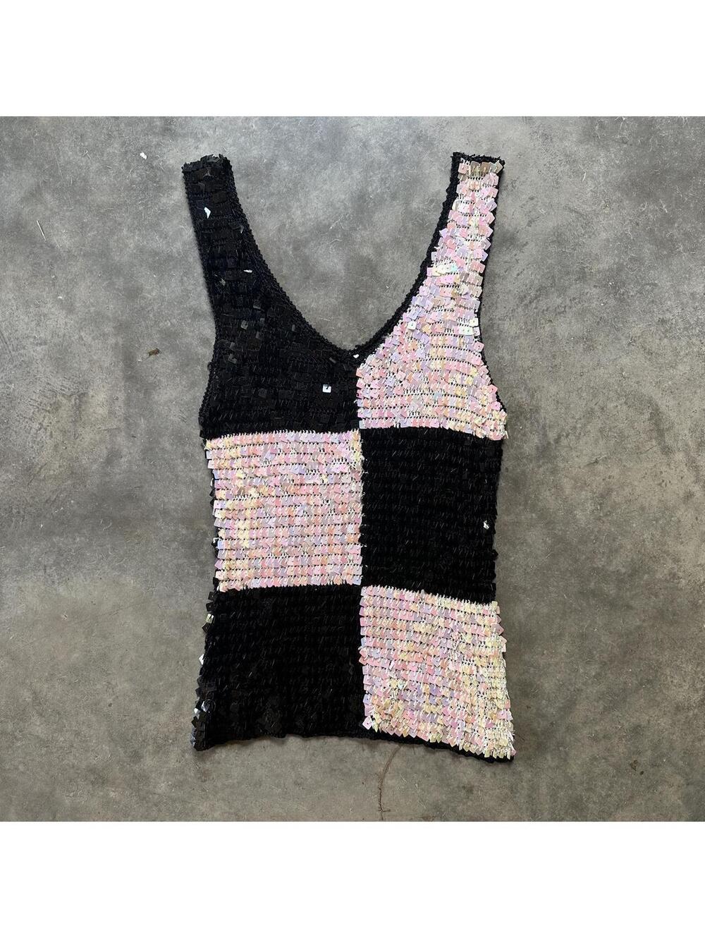 Y2K Black & white checkerboard crochet Sequin Tank Top